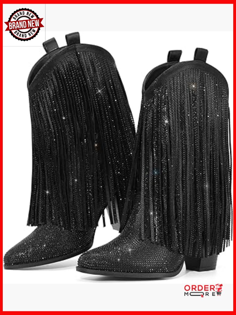 Women's Sparkly Rhinestone Fringe Western Boots Pointed Toe Mid-Calf